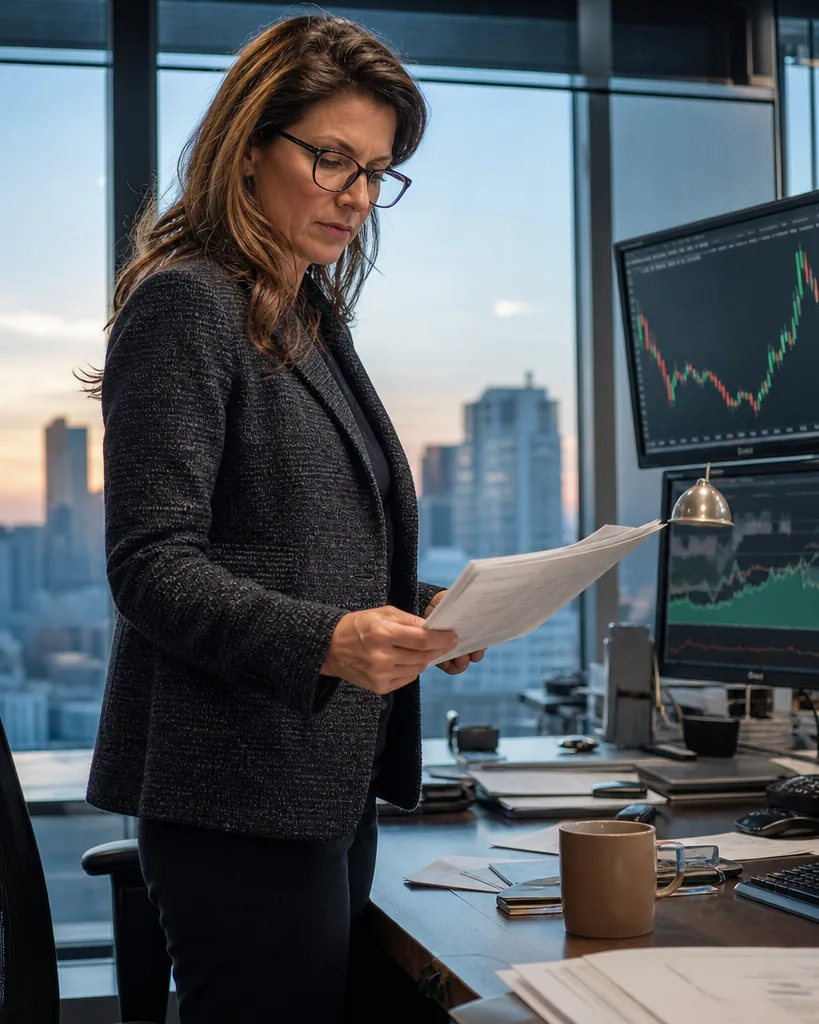 A head of investor relations reviewing a results release in front of monitors showing share price charts