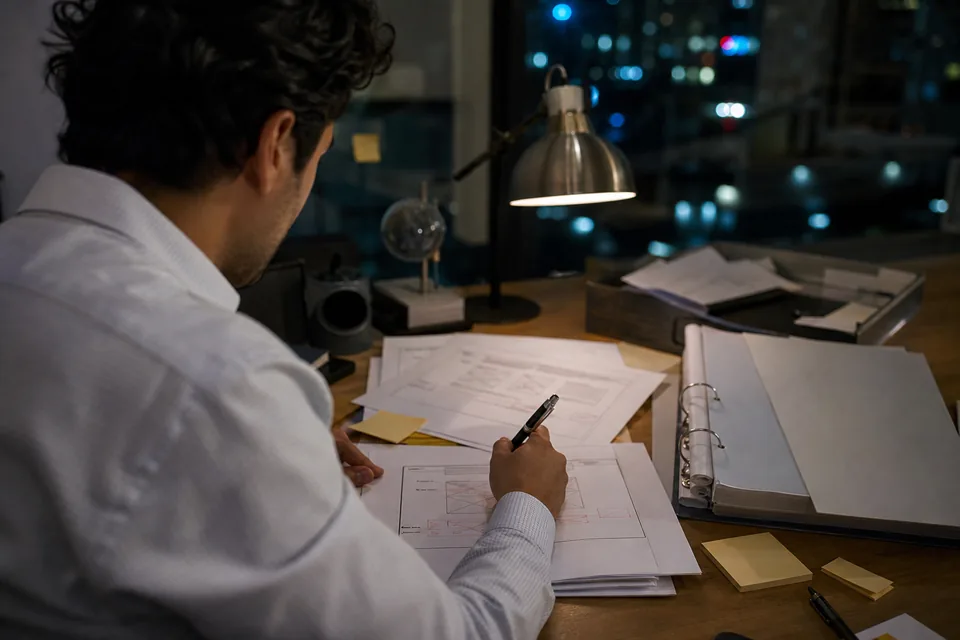An investor relations manager marking up a printed wireframe of a new investor website at a desk in the evening